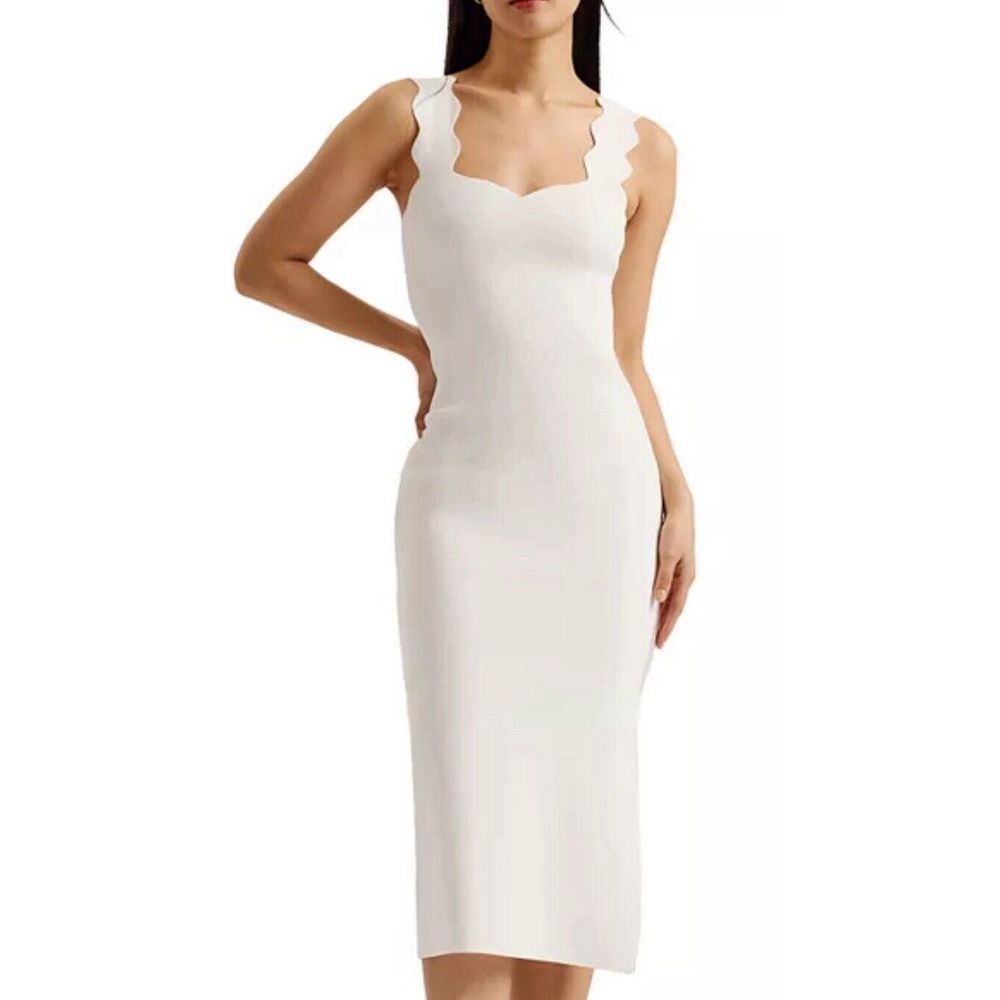 TED BAKER White Sharmay Scallop Bodycon Rib Knit Midi Dress Ted Size 5 US 10/12